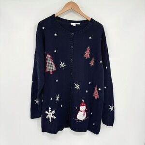 Cherokee‎ Navy Blue Embroidered Tree/Snowman Knit Button Front Sweater Women's